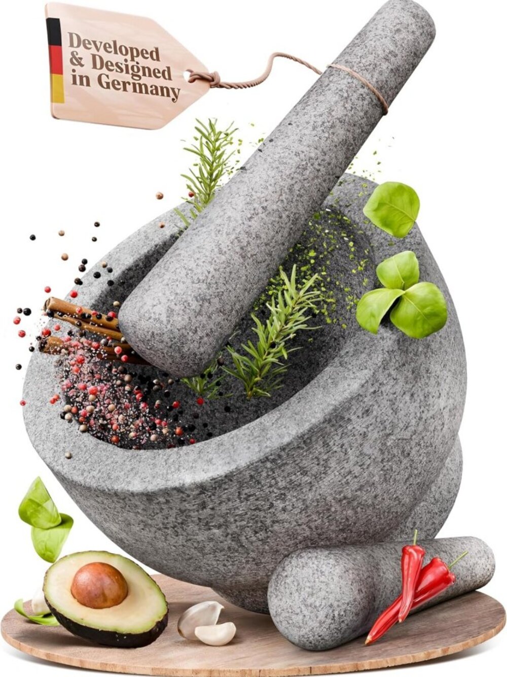 Extra Large 8" Mortar and Pestle Set - Heavy Granite, 5 Cup Capacity, 2 Pestles